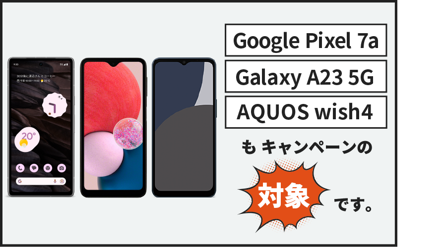 Google Pixel 7a と Galaxy A23 5G (SCG18)  と AQUOS wish4（SHG13）もキャンペーンの対象です。