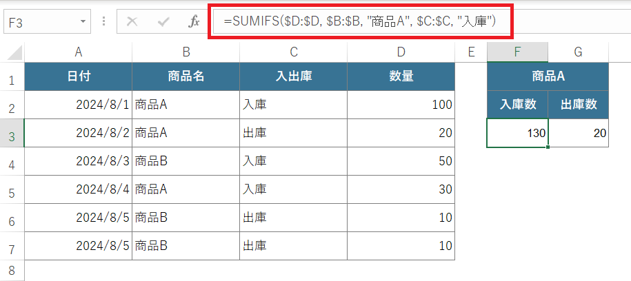 SUMIFS関数の例